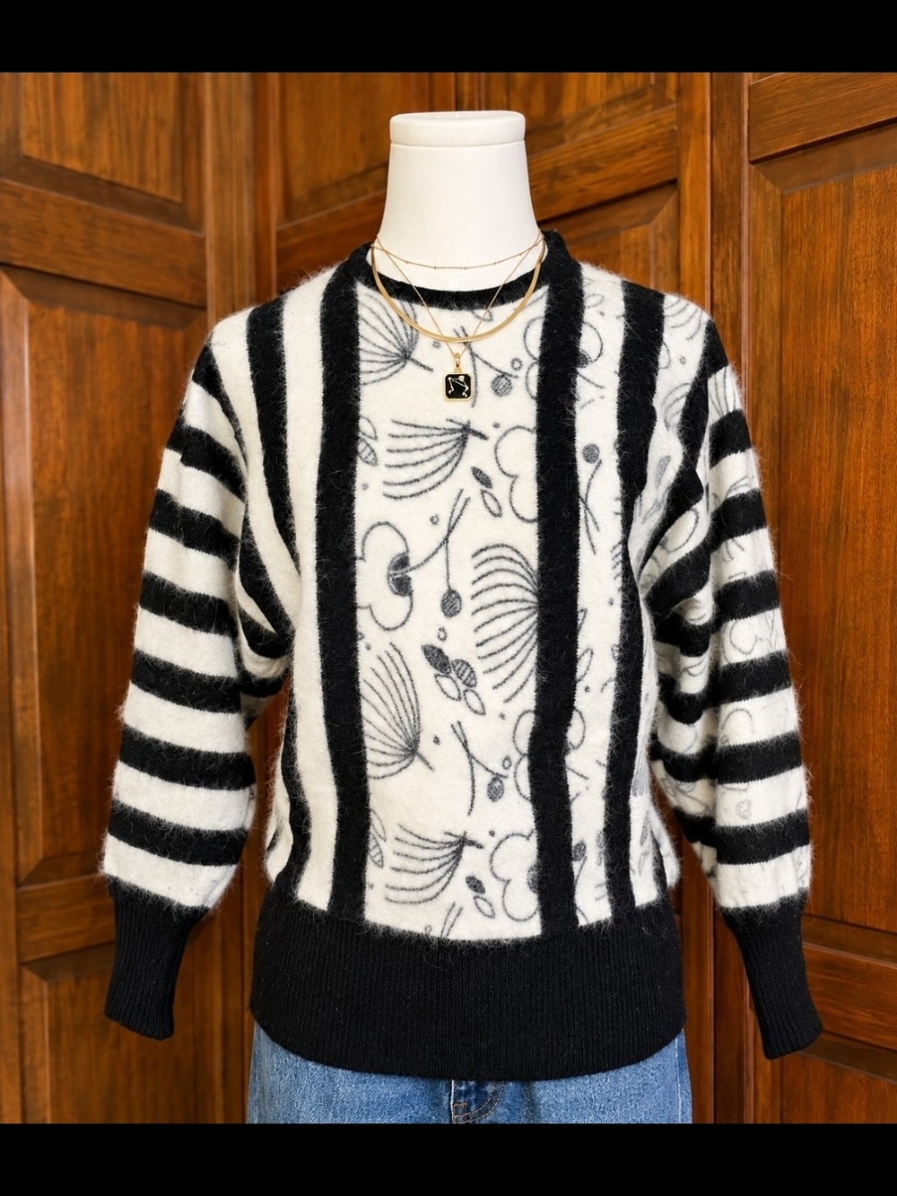 Milano Modo Italian Black & White Striped Wool Angora Blend Crewneck Sweater